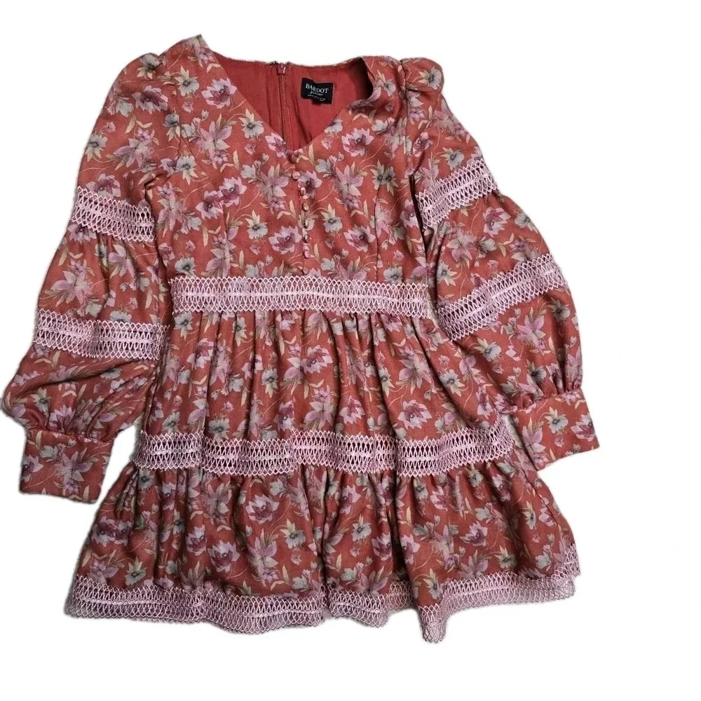 Bardot Junior Girls Carminia Floral‎ Long Sleeved Short Dress Red Pink Size 10